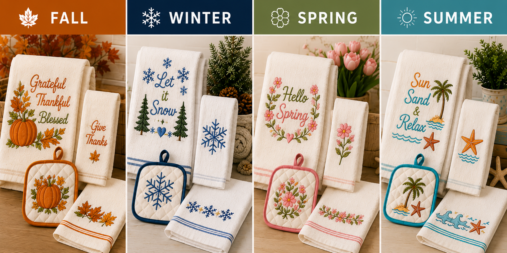 Seasonal kitchen and bath home accents featuring embroidered bath towels, hand towels, dish towels and potholders for Fall, Winter, Spring and Summer